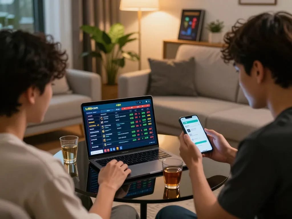 Players engaged in online sports betting on lu88 com, showcasing a lively home atmosphere.