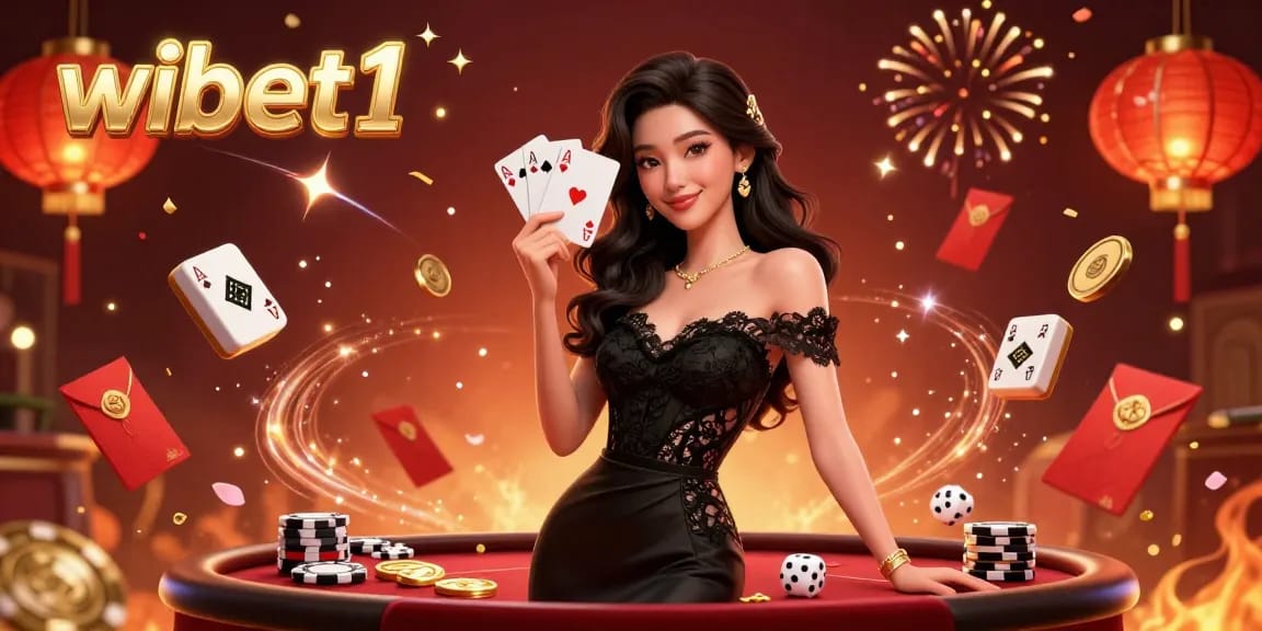 Experience thrilling games at wibet1 with an elegant Asian woman in a luxurious casino setting.