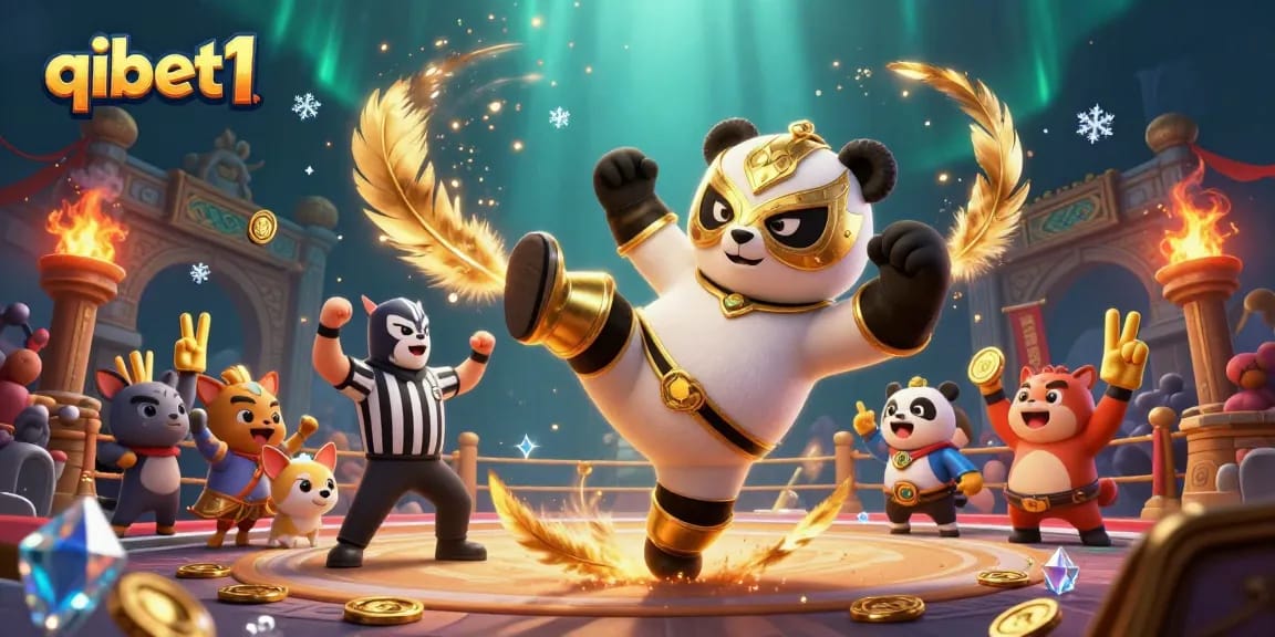 Engage in premium gambling action with qibet1 featuring a flying panda wrestler in a vibrant casino scene.