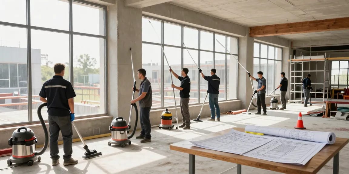 Construction cleaning crew demonstrating expert bauendreinigung preis techniques in a bright setting.
