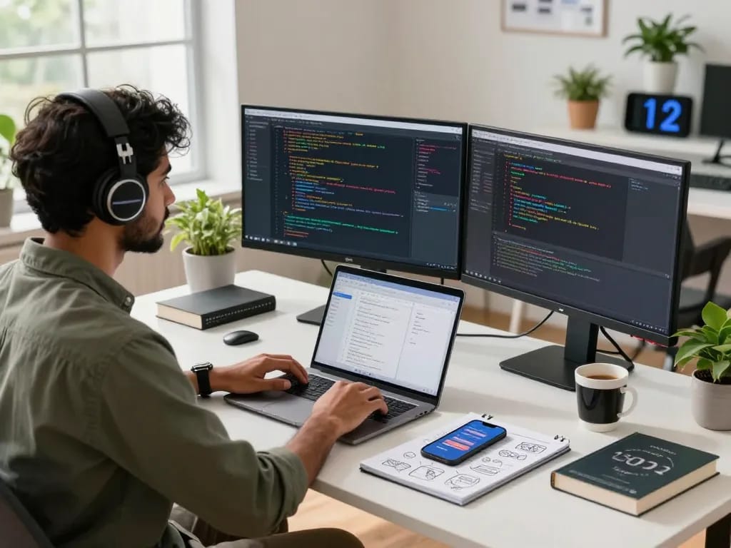 Developer coding at a modern tech workspace, enhancing Techsslaash's innovative edge in 2026.