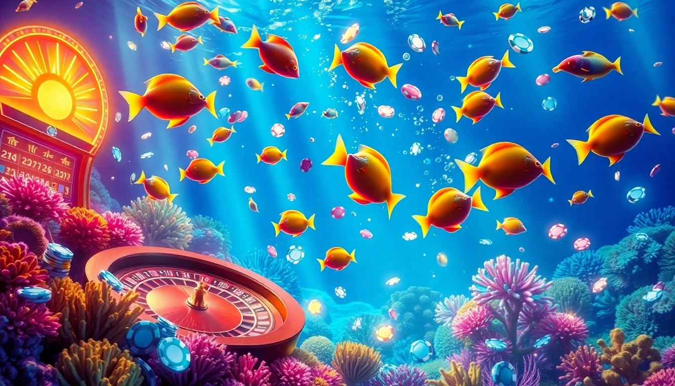 Bắn cá đổi thưởng scene showcasing colorful fish resembling chips and vibrant casino elements in an underwater setting.