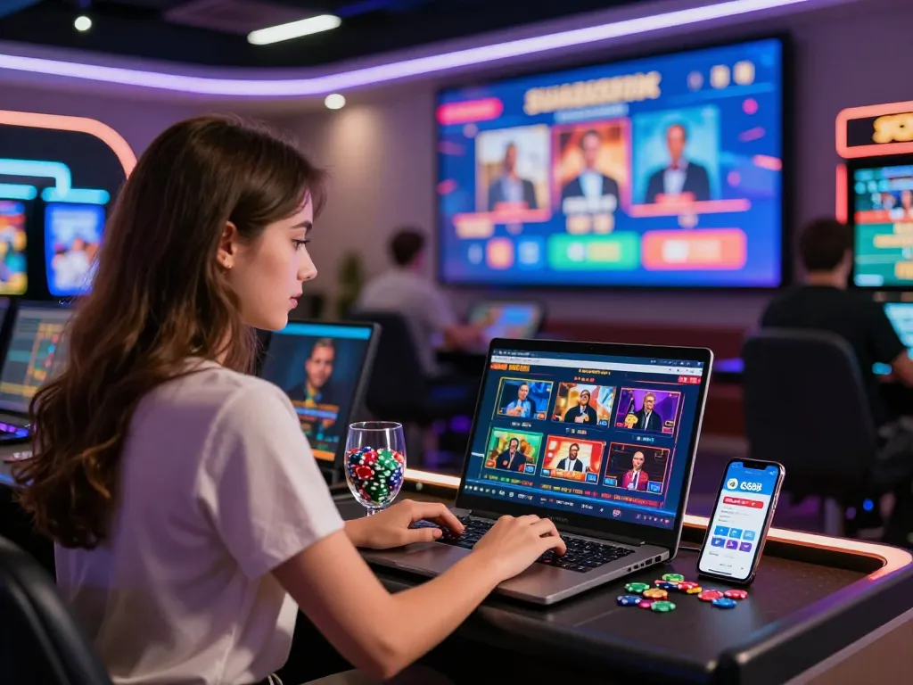 A young woman enjoying online gaming at https://sc88.casino/ with colorful casino chips and promotional displays in a lively atmosphere.