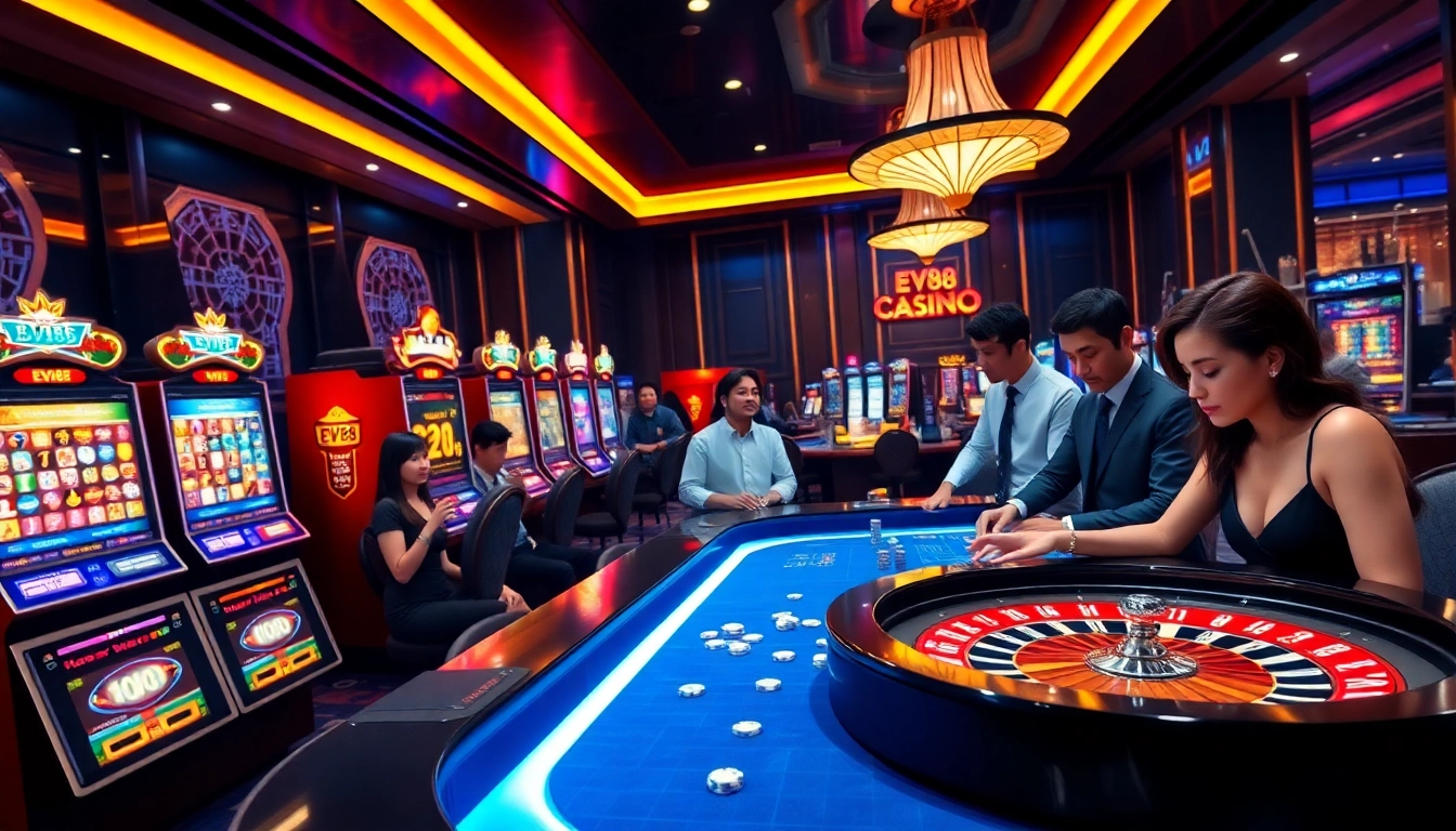 EV88 players engaging in thrilling online gambling at a luxurious casino interface.