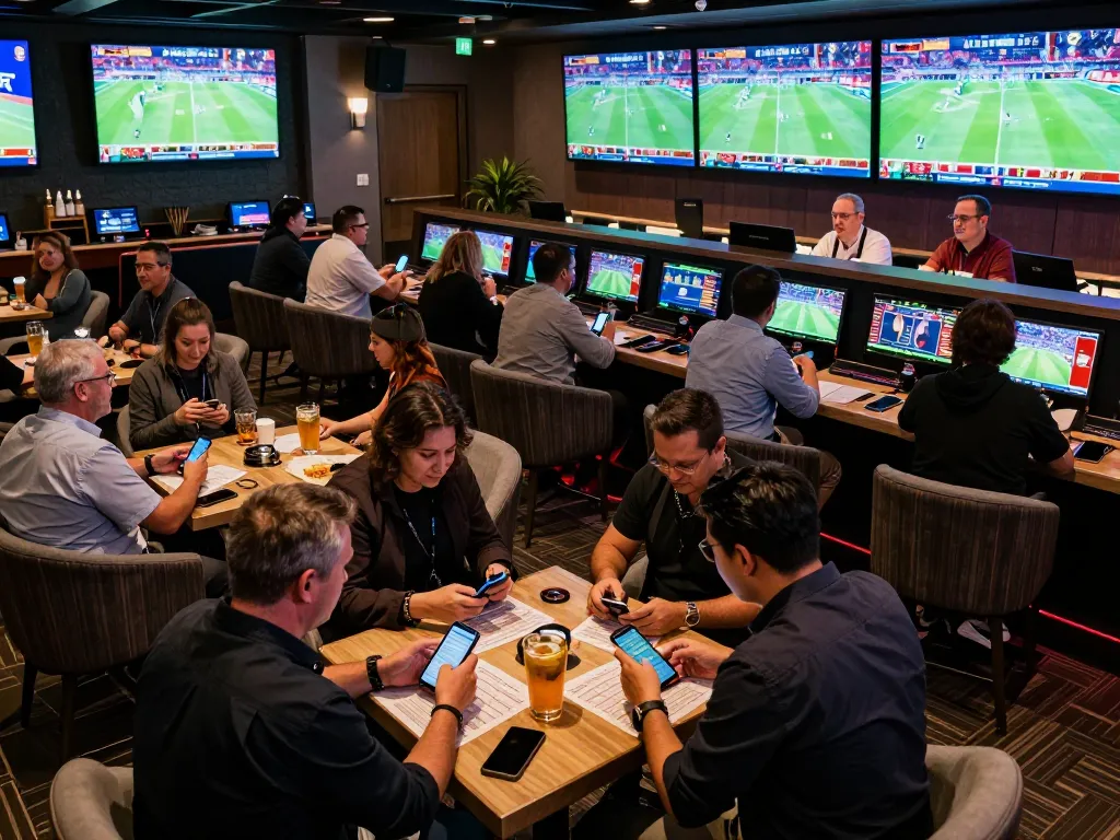 Fabet patrons cheering while placing sports wagers in an upscale betting lounge.
