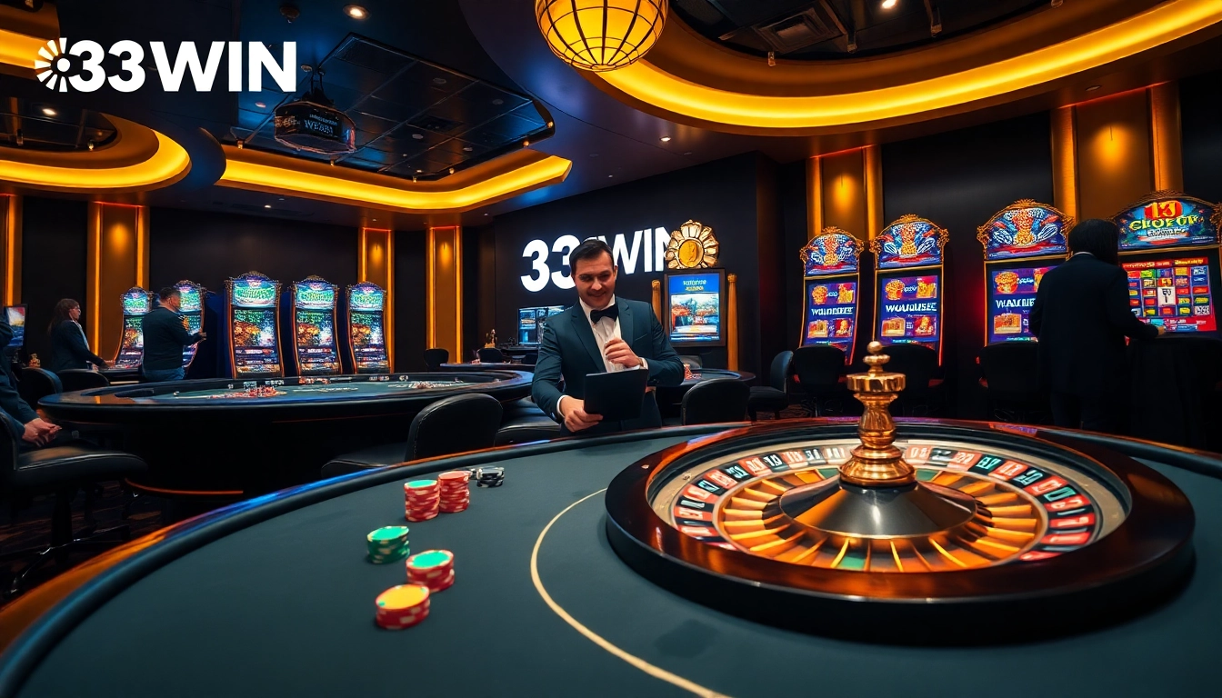 Players winning at 33WIN casino with poker chips and a roulette wheel.