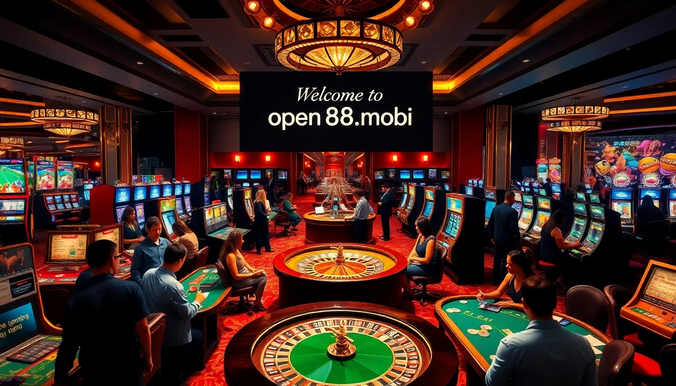 Exciting casino floor at https://open88.mobi/ showcasing players at tables and slot machines.
