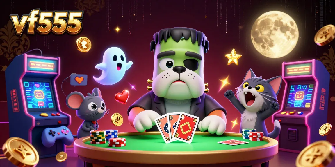 Win big with vf555 as Frankenstein bulldog deals cards at a haunted casino table.