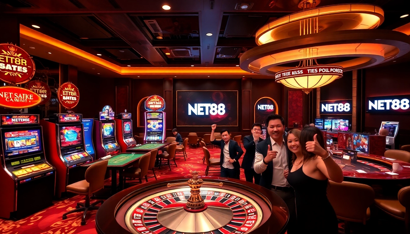 Celebrating victory at a vibrant casino, featuring NET88's logo amid luxurious gaming tables.