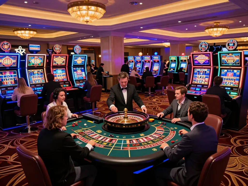 LUCKY88 players engaging in exciting gameplay at a vibrant casino floor, showcasing thrilling roulette action.