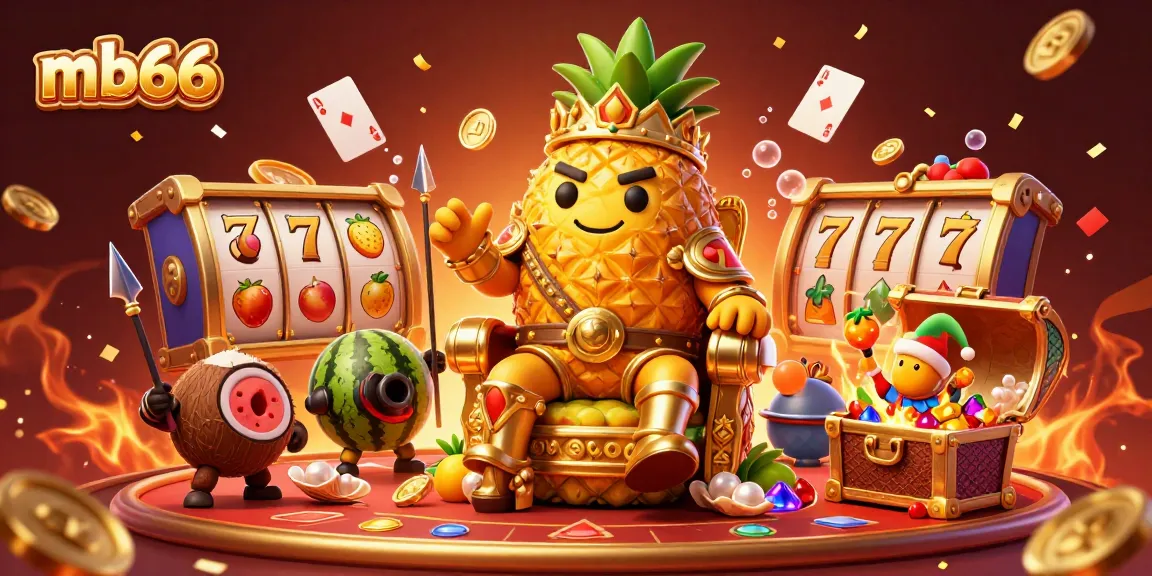Play exciting games at mb66's vibrant casino with the golden pineapple king and lively characters.