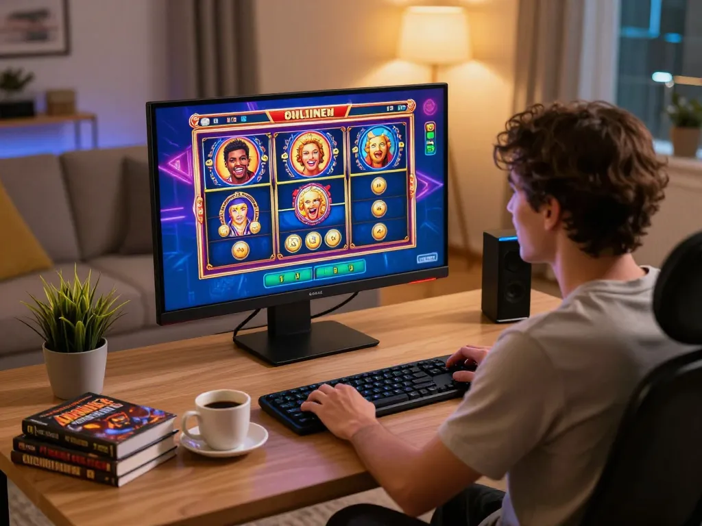 Người chơi LỢI8 tham gia vào các trò chơi slot trực tuyến sống động trên máy tính để bàn phong cách trong phòng chơi game ấm cúng.