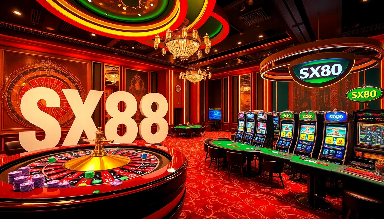 SX88 gaming scene featuring a luxurious casino floor with roulette, poker, and slot machines.
