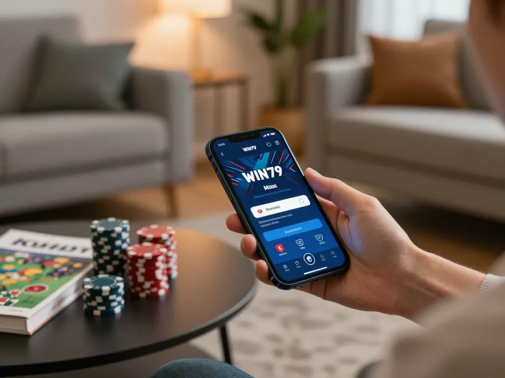 WIN79 mobile app user placing bets on their smartphone in a cozy home environment.