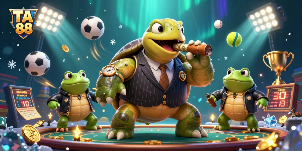 Capture the exciting energy of TA 88, featuring a snapping turtle and bullfrog enforcers in a vibrant casino scene.