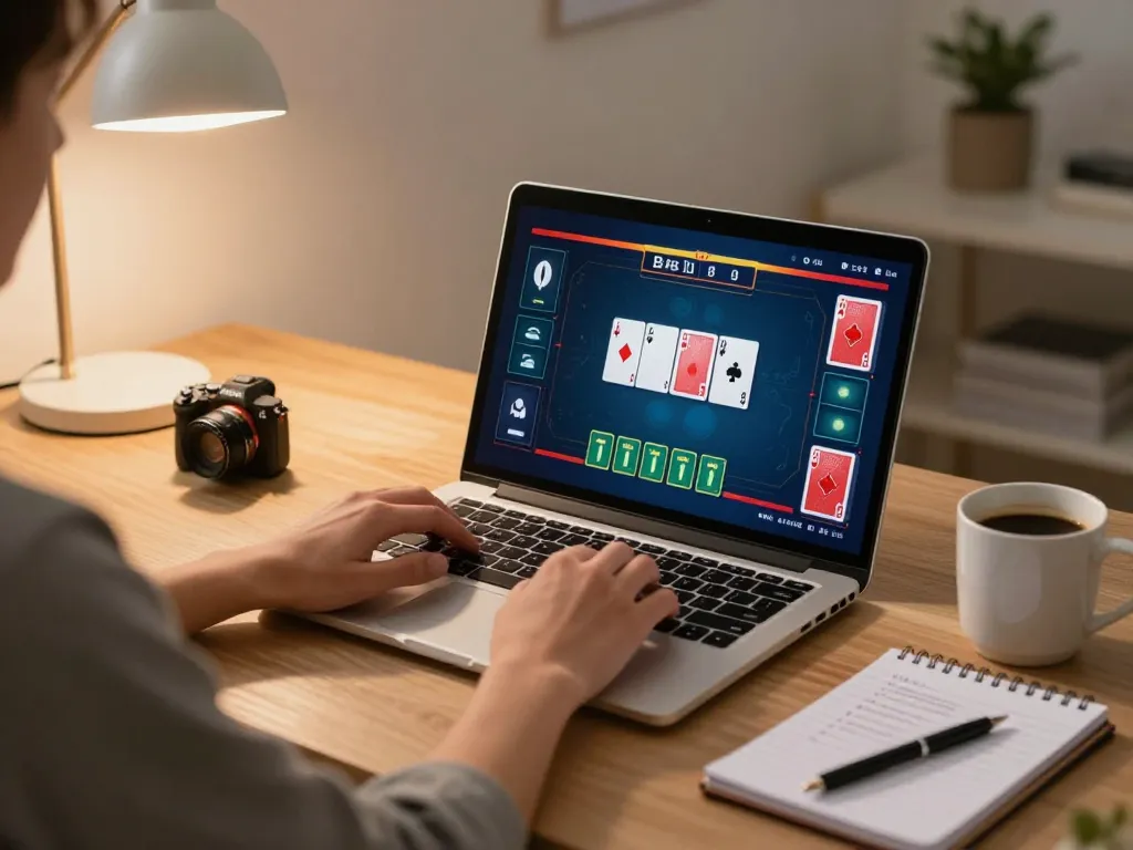 Engaging poker gameplay on laptop at home for rikvip players, showcasing strategy notes and a comfortable setting.