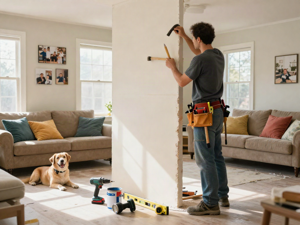 Skilled contractor providing home repair services Des Moines Iowa in a cozy living room with family atmosphere.