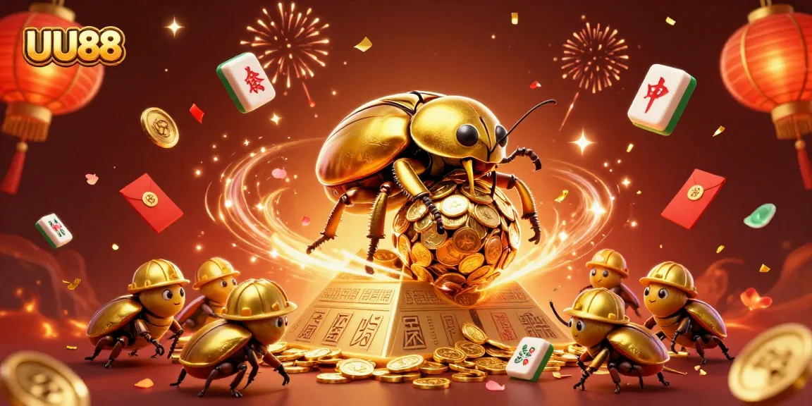 Experience UU88 with a vibrant gold coin scene featuring beetles and casino elements in action