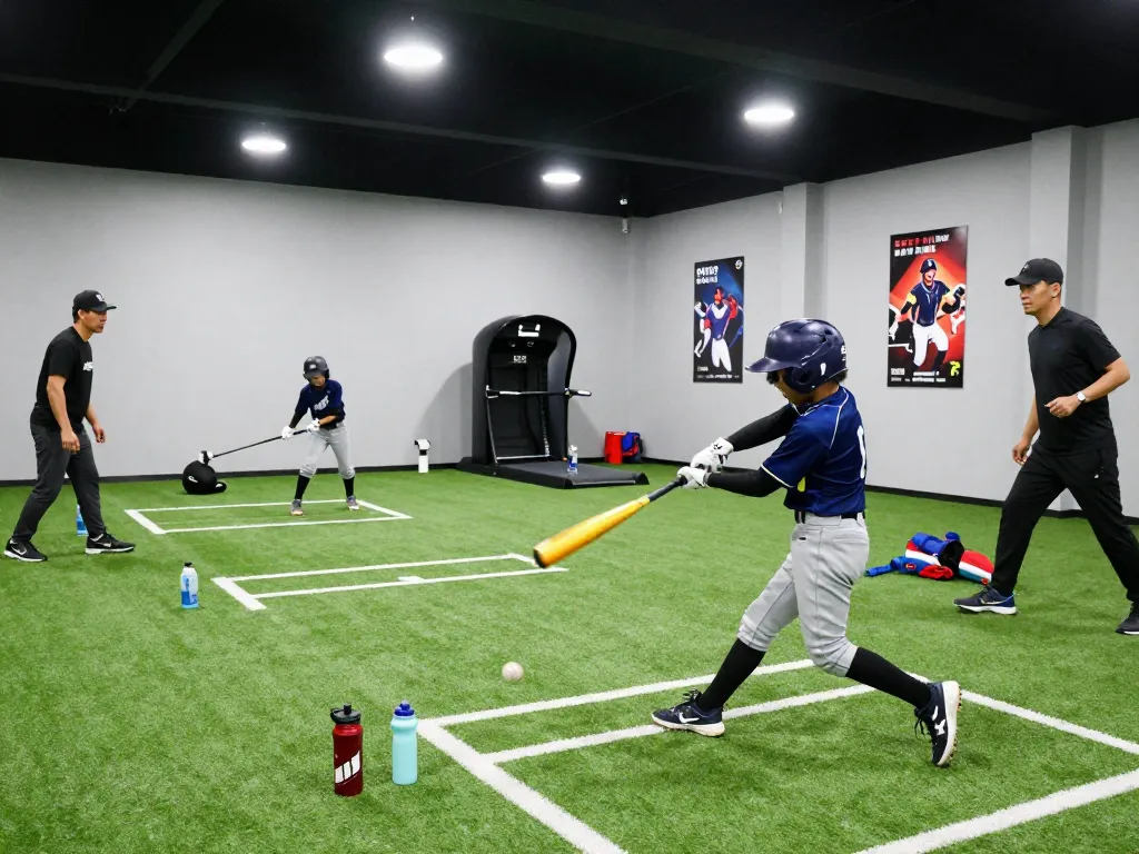 Youth athletes training at hitclub indoor facility with modern batting techniques.