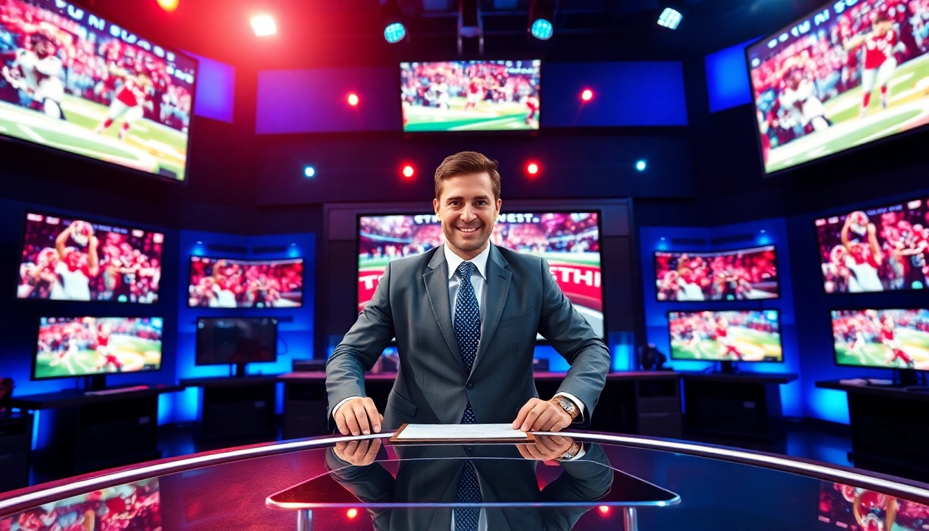 Engaging sports broadcasting studio with a dynamic host, equipped for live coverage.