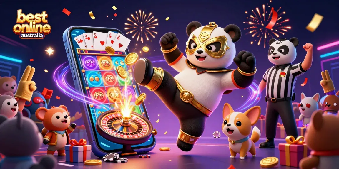 Experience the excitement at the best online casino Australia with a lively 3D scene of gaming action including slots and characters!