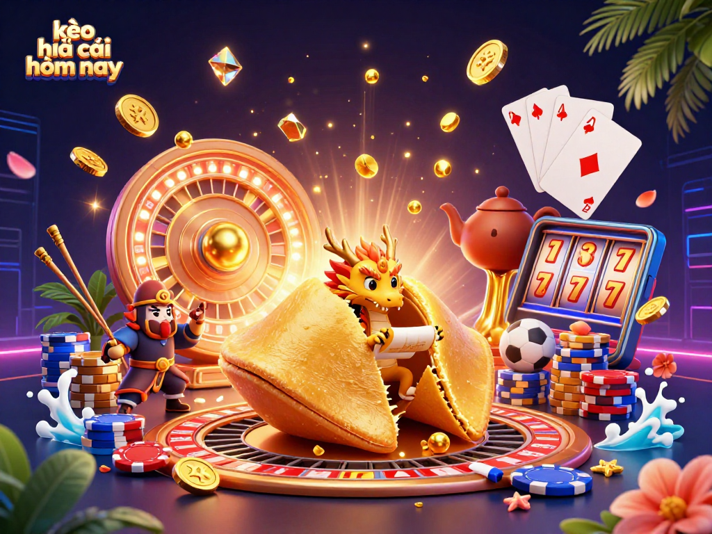 Engage with kèo nhà cái hôm nay showcasing a whimsical scene of a golden fortune cookie and a wise dragon amidst casino elements.