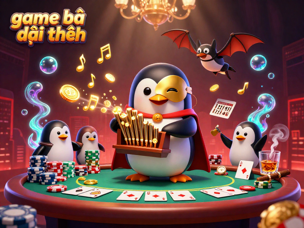 Experience game bài đổi thưởng with a lively scene featuring a phantom opera penguin playing a coin-shooting organ.
