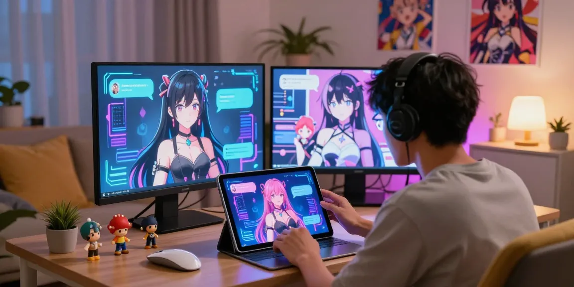 Engaging scene of ecchi AI chat interaction on a tablet in a cozy anime-themed environment.