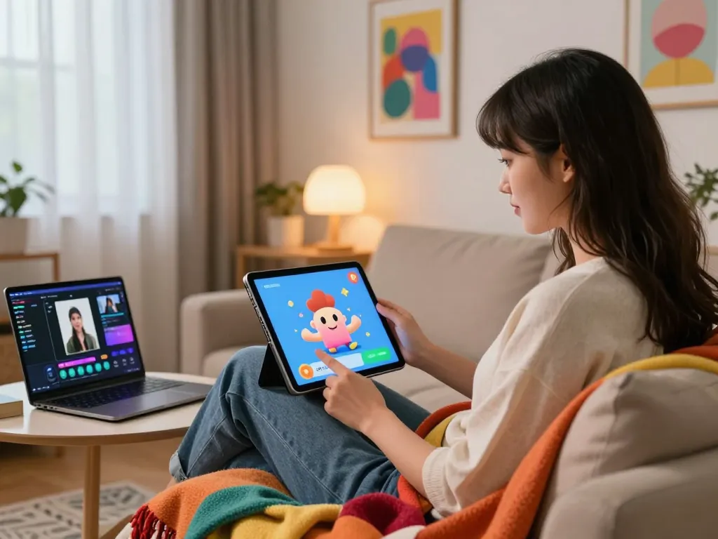 Engaging in ai nsfw chat with a colorful animated character on a tablet in a cozy living room setting.