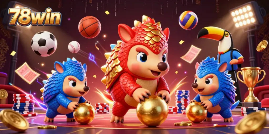 Experience the thrilling gambling fun at 78win with dynamic pangolins rolling poker chips and flying sports balls.