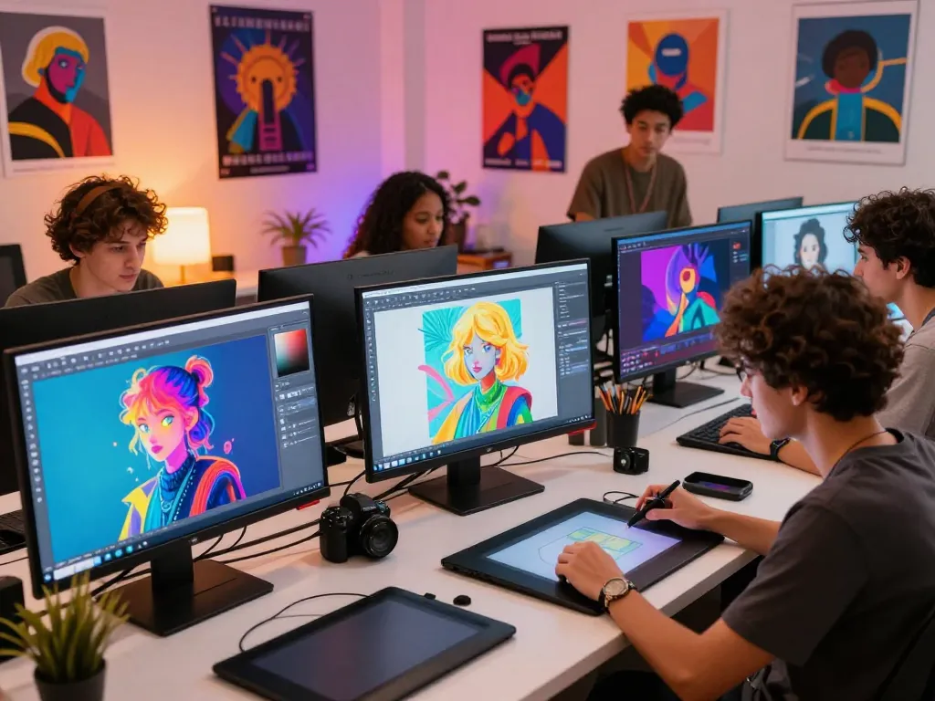 Group creating AI art in a digital studio, showcasing innovative ai slut concepts.