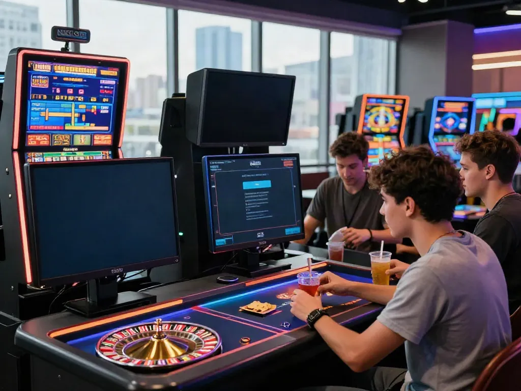 Group enjoying a vibrant online gaming session with the Nbet app on a smartphone in a casino-like setting.