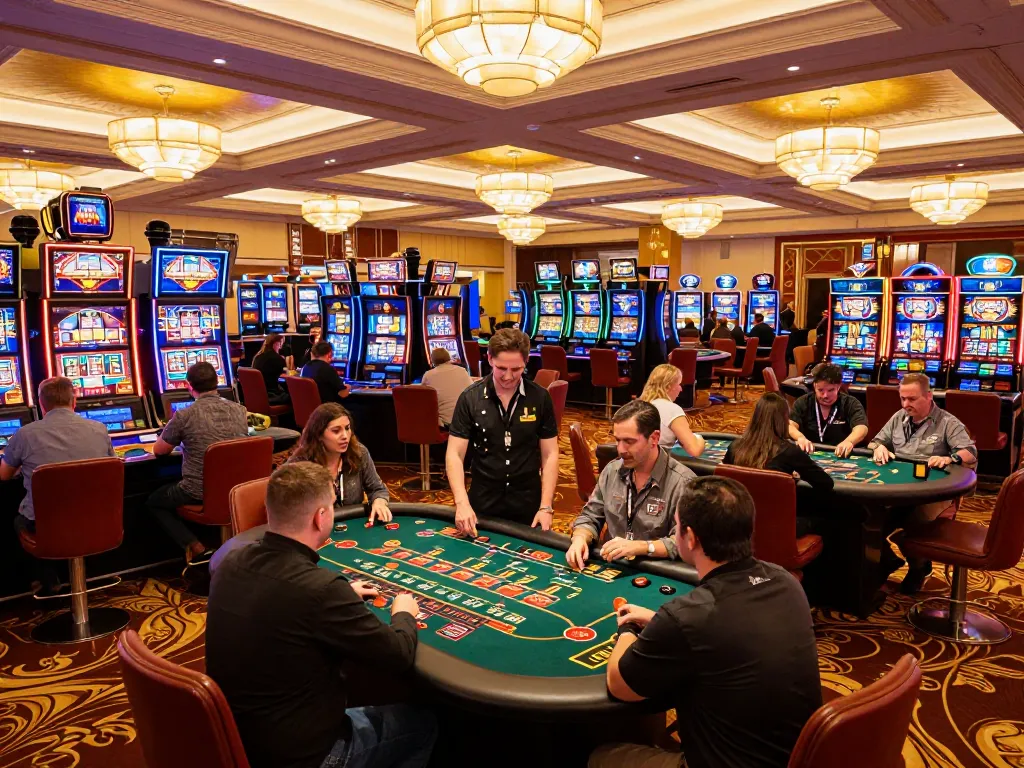 MMOO casino patrons engaging in exciting gameplay at vibrant slot machines and elegant table games