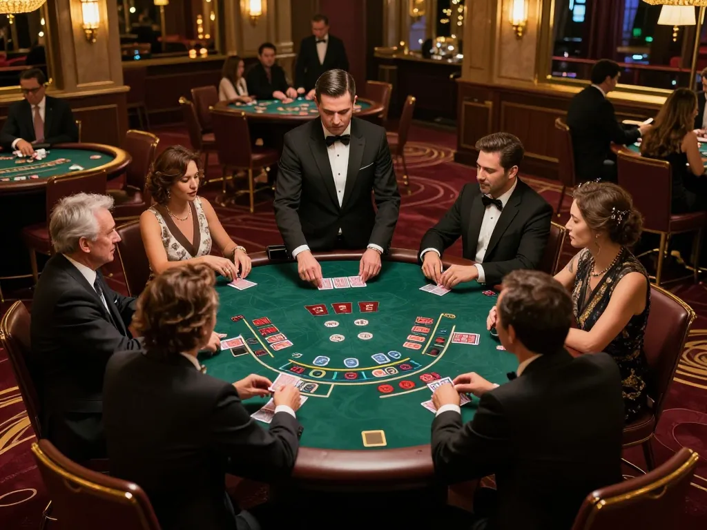 Vin88 players strategizing for high-stakes blackjack in a luxurious casino environment.