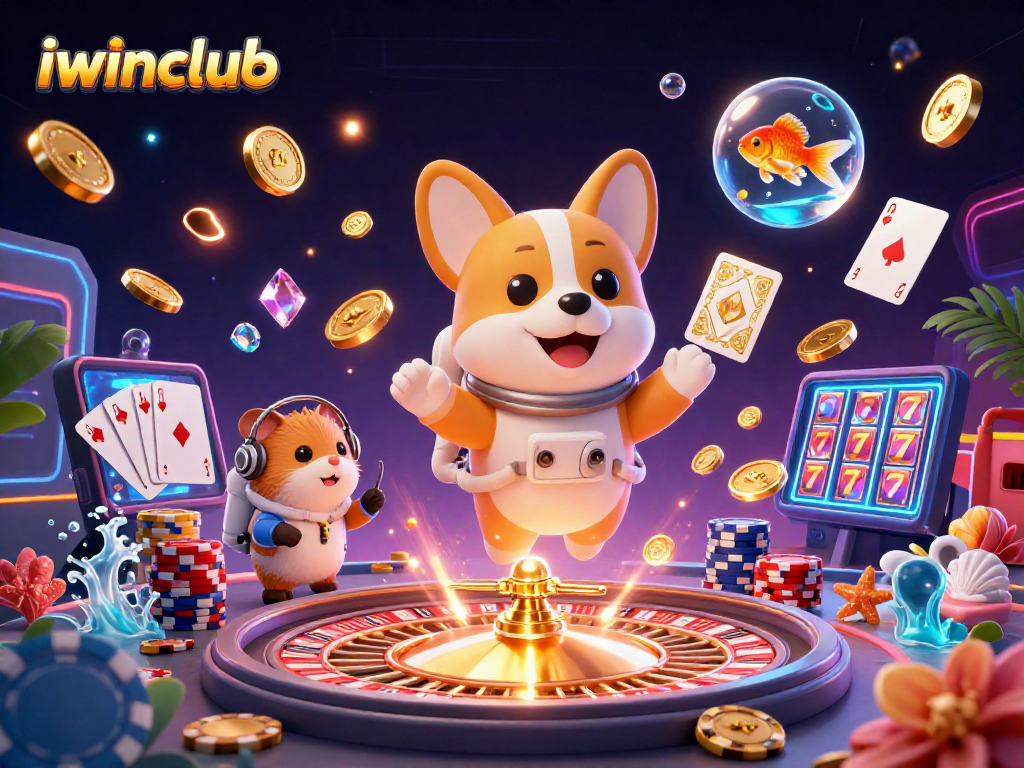 Play exciting games at iwinclub featuring a floating corgi and vibrant casino animations.