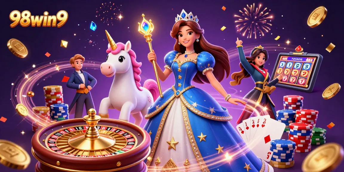 Experience exciting wins with 98win9 at the vibrant casino filled with sparkling gems and cascading coins.