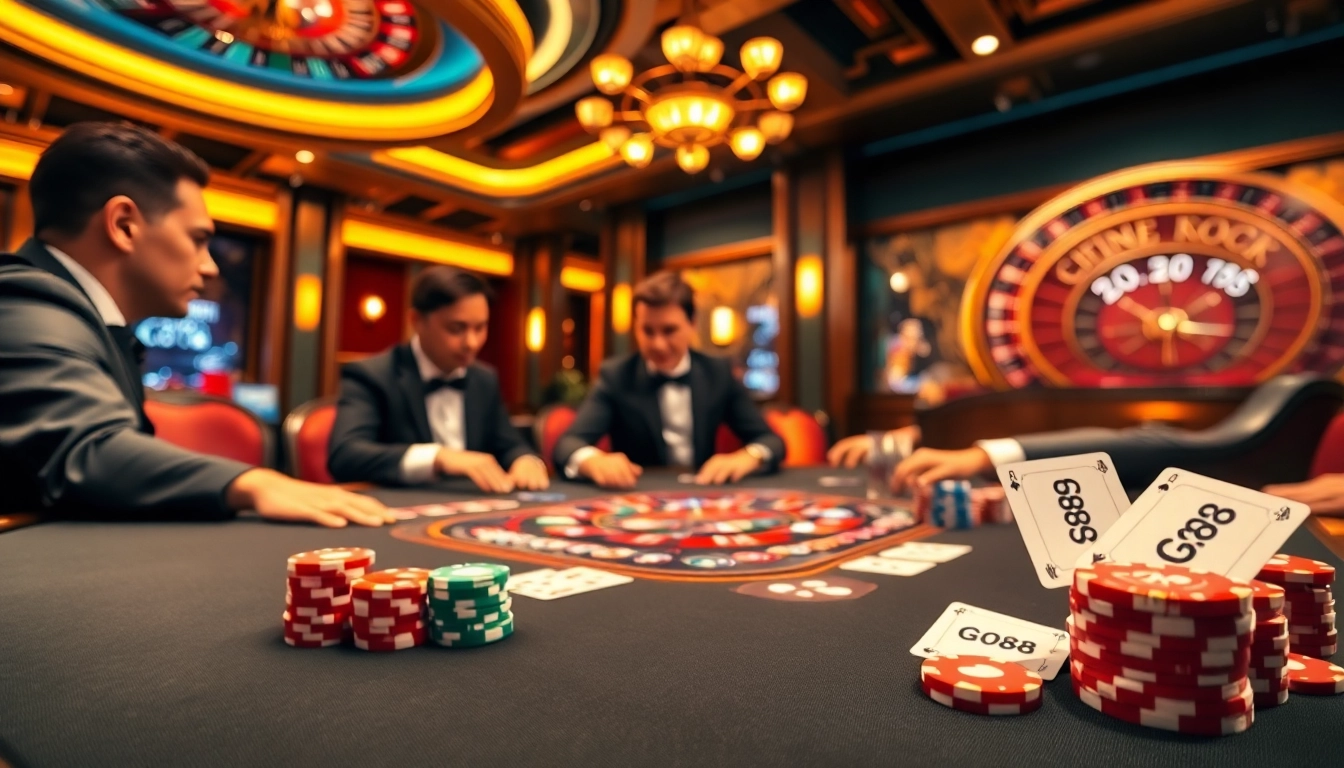 Engage in high-stakes poker with GO88 at an elegant casino setting, featuring vibrant chips and cards.