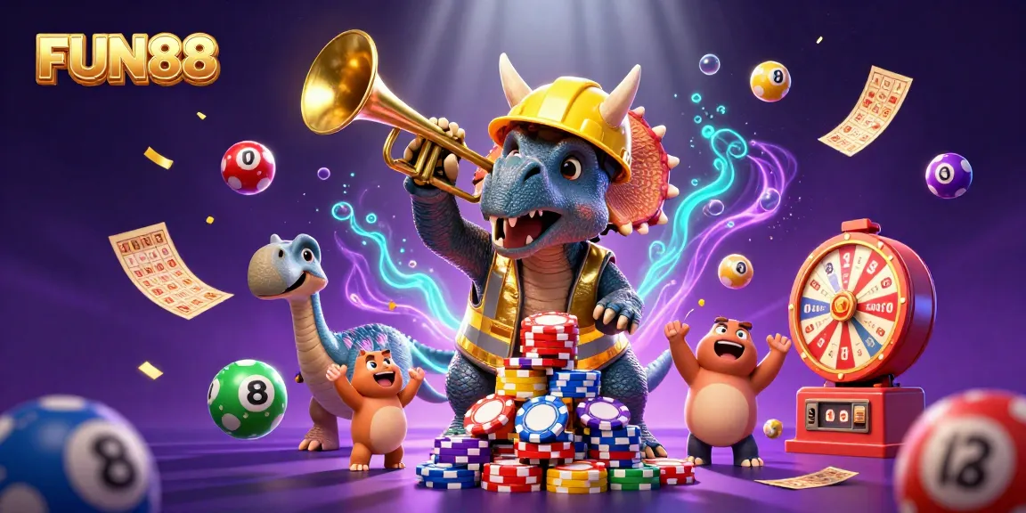 FUN88 celebrates wins with a vibrant scene of a triceratops building poker chip towers amidst dynamic casino elements.