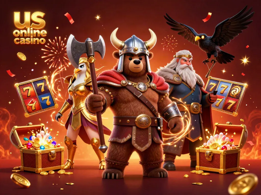 Experience thrilling action with us online casino as a Viking bear, a Valkyrie eagle, and glowing runes celebrate in a dynamic casino scene.