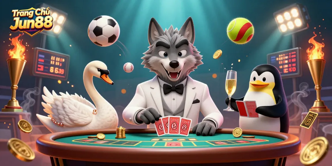 Experience exciting gaming at Trang Chủ Jun88 with a vibrant 3D illustration showcasing engaging casino characters.