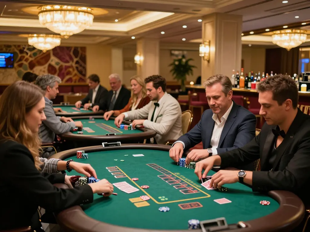 Players enjoying high-stakes blackjack action at 789bet, vibrant atmosphere in a luxury casino