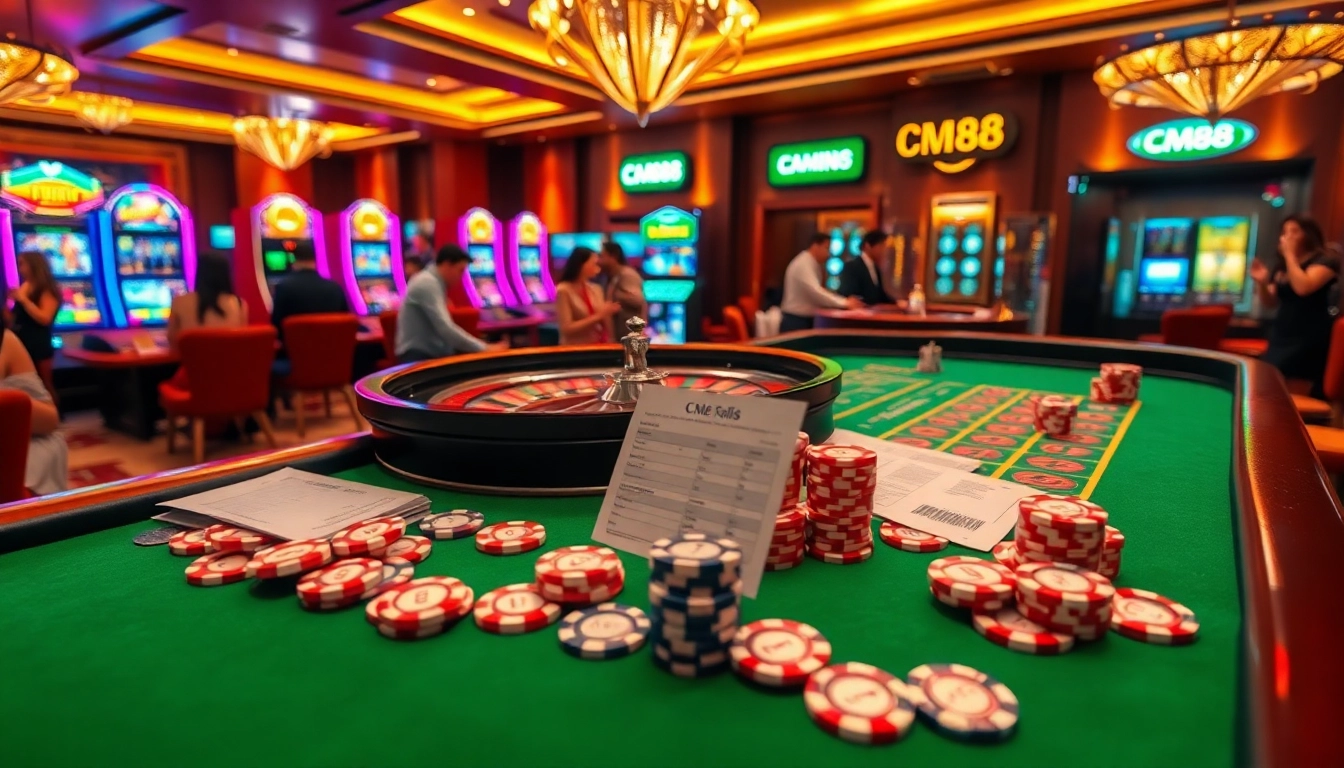 Experience high-stakes gambling at CM88 casino with vibrant roulette and slot machines.