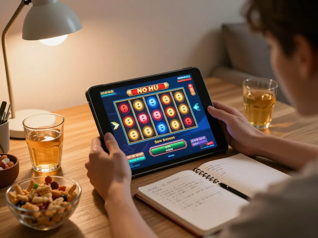 No hu slot game in action on a tablet, highlighted amid a cozy home setting with snacks.