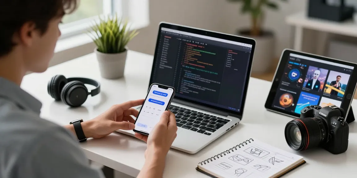 Discover the Vidmate APK interface on a smartphone in a modern tech workspace showcasing multimedia downloading.