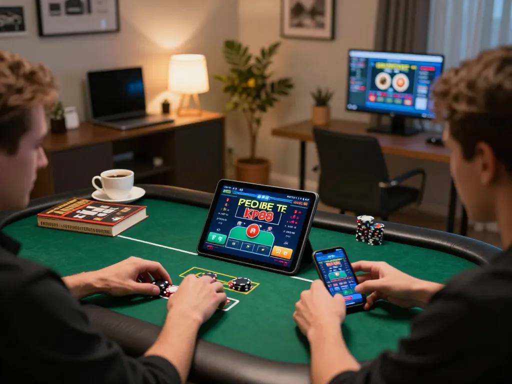Player using kp 88 app on tablet for an online poker game in a cozy home setting