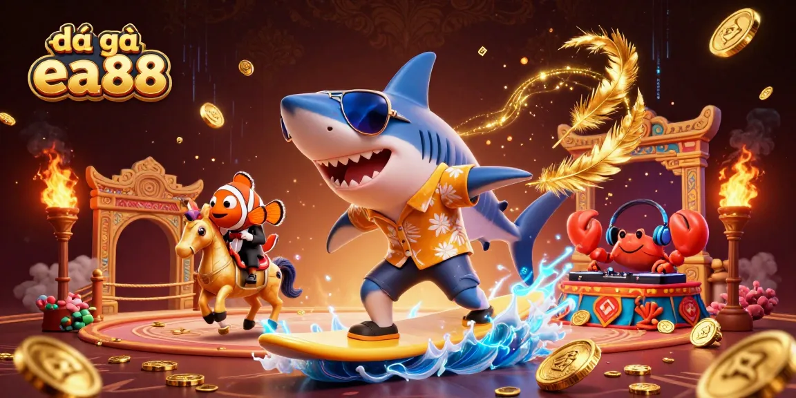 Engage in đá gà ea88 with a vibrant 3D digital illustration showcasing casino-themed characters and elements.
