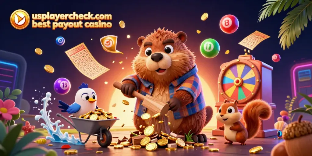 Experience excitement with usplayercheck.com best payout casino as a beaver collects golden coins amidst vibrant gambling elements.