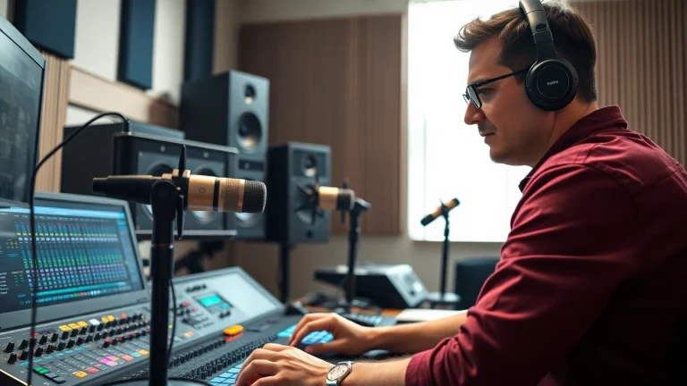 Engaged audio engineer perfecting online mastering techniques at a well-equipped studio.