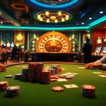 Engage in a high-stakes poker game at https://bags168.com/ with luxurious tables, vibrant casino ambiance.