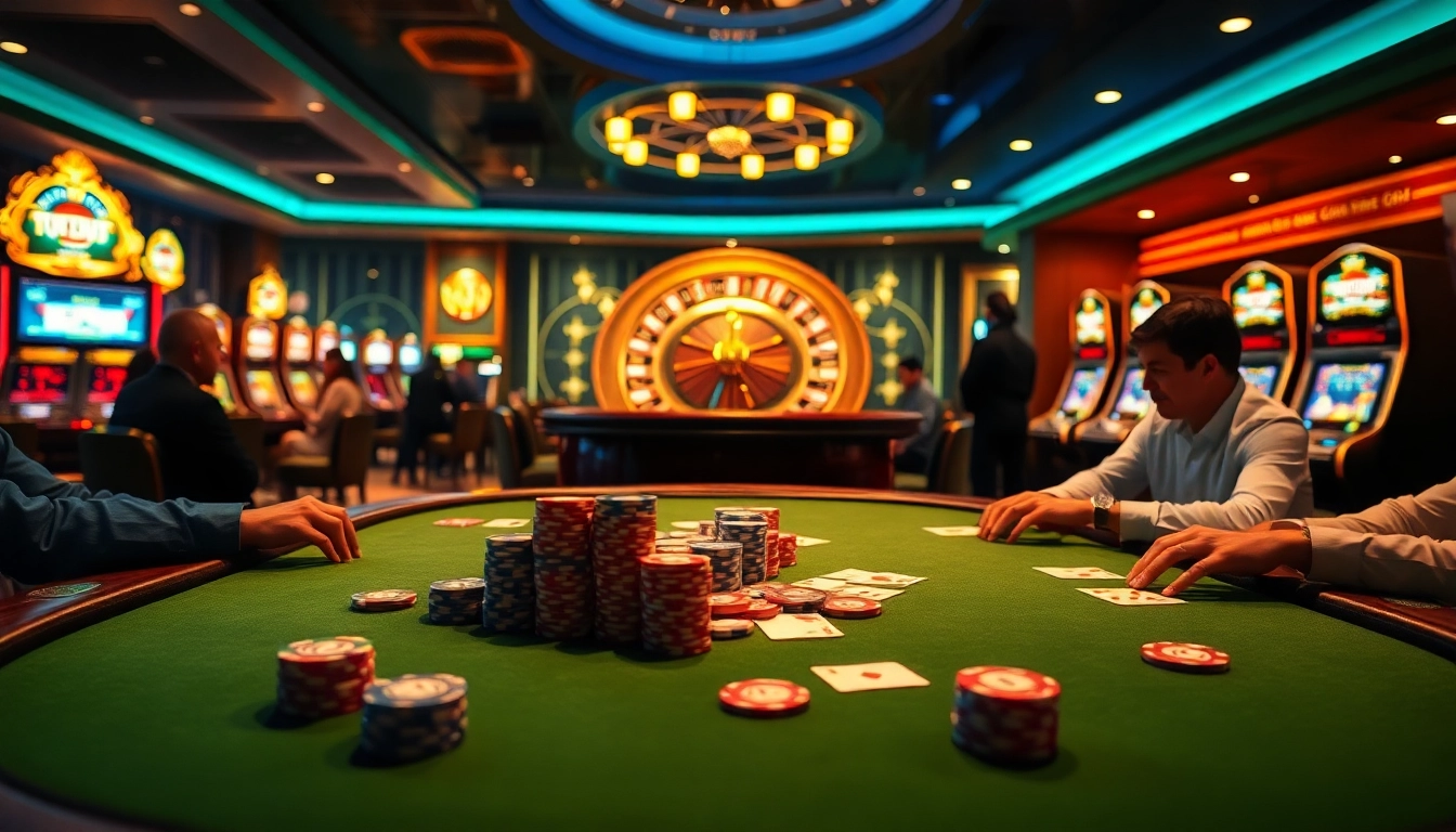 Engage in a high-stakes poker game at https://bags168.com/ with luxurious tables, vibrant casino ambiance.